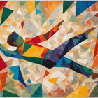 Dynamic Figure Amidst Geometric Shapes and Florals