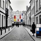 Historic street scene with cobblestone path and art