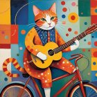 Whimsical Ginger Cat Playing Guitar on Colorful Bicycle