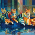 Three Young Men in a Colorful Boat on a Serene River