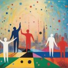 Vibrant Silhouettes Against Colorful City Skyline