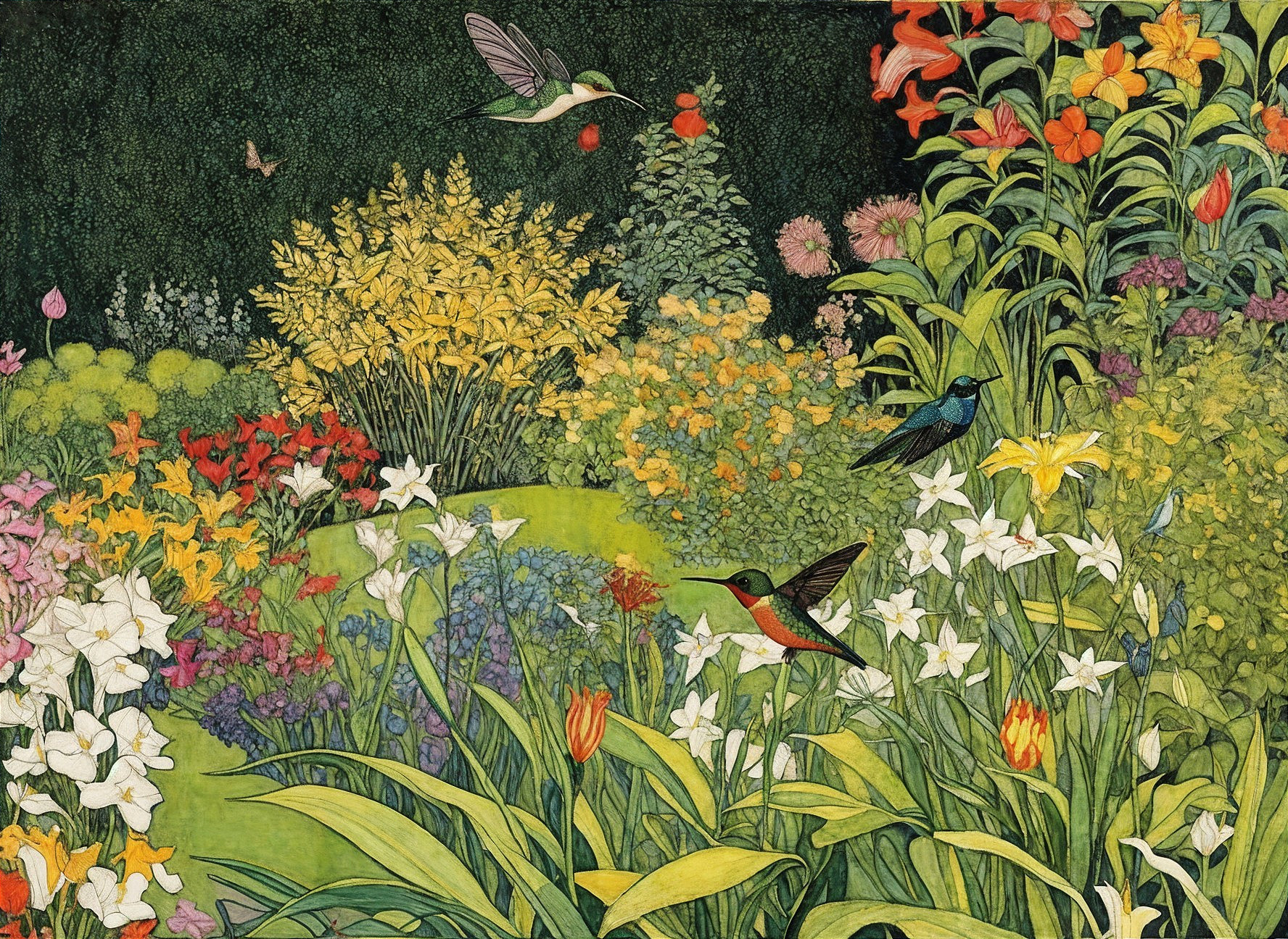 Vibrant Garden Illustration with Colorful Flowers and Hummingbirds