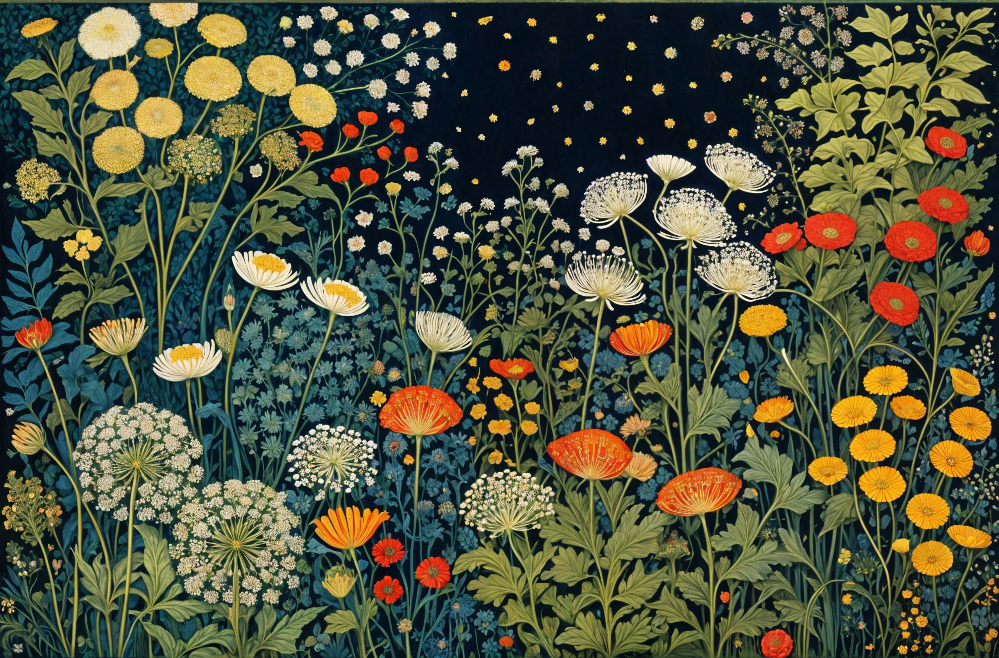 Vibrant Floral Landscape with Twinkling Stars
