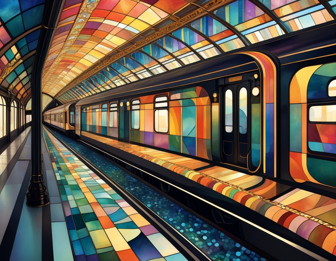 Vibrant Subway Station with Stained Glass Panels