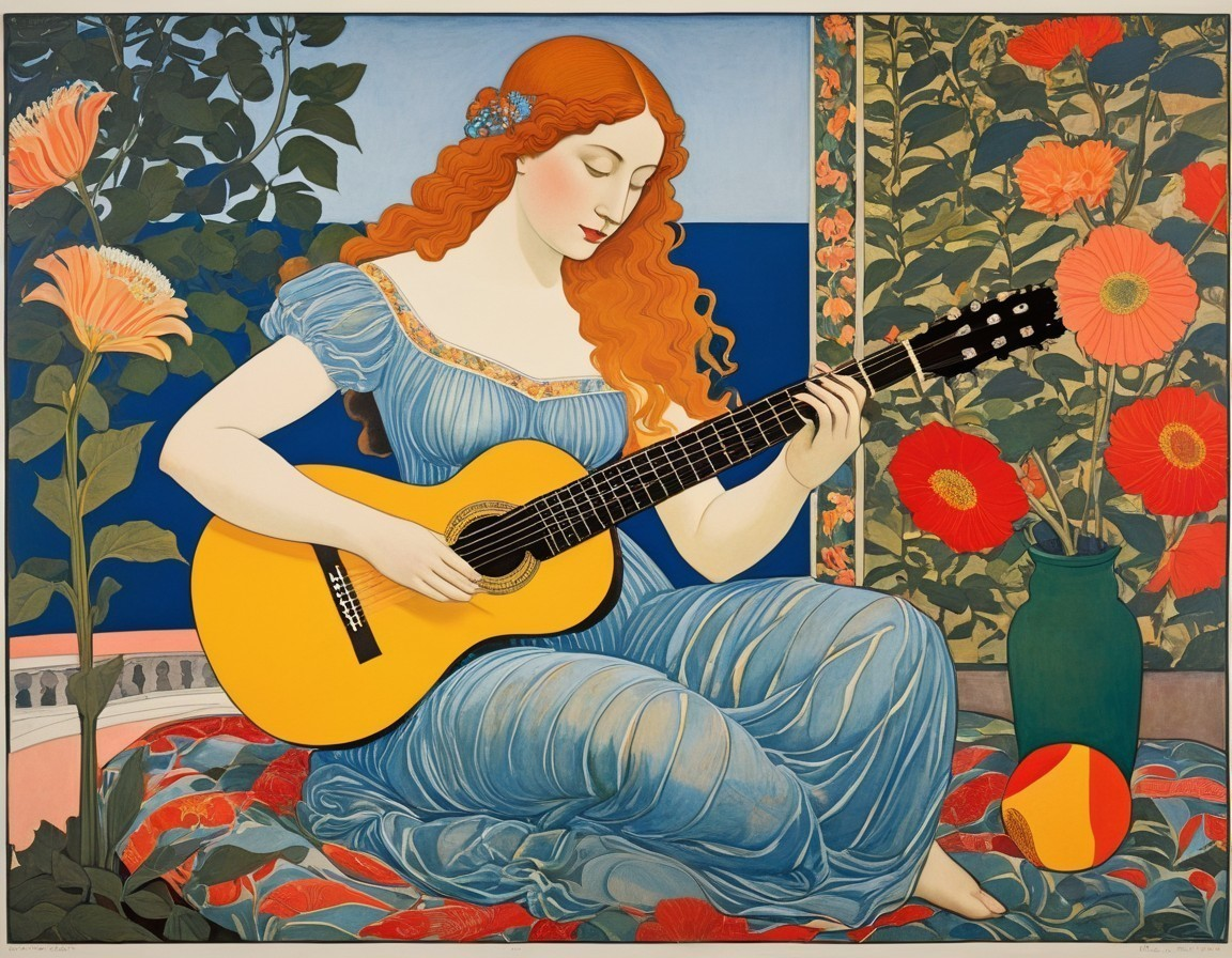 Woman with Red Hair Playing Yellow Guitar in Nature