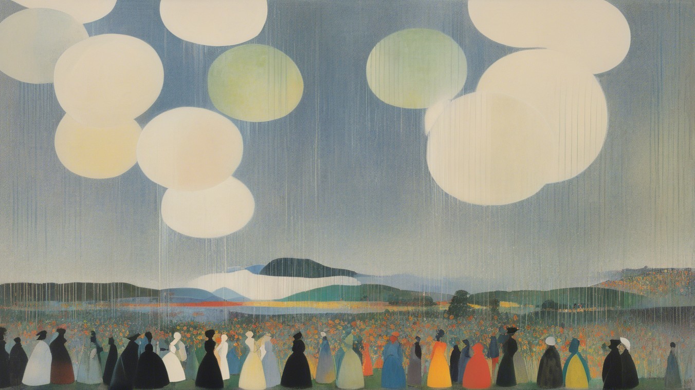 Vibrant Landscape with Silhouetted Figures and Circles