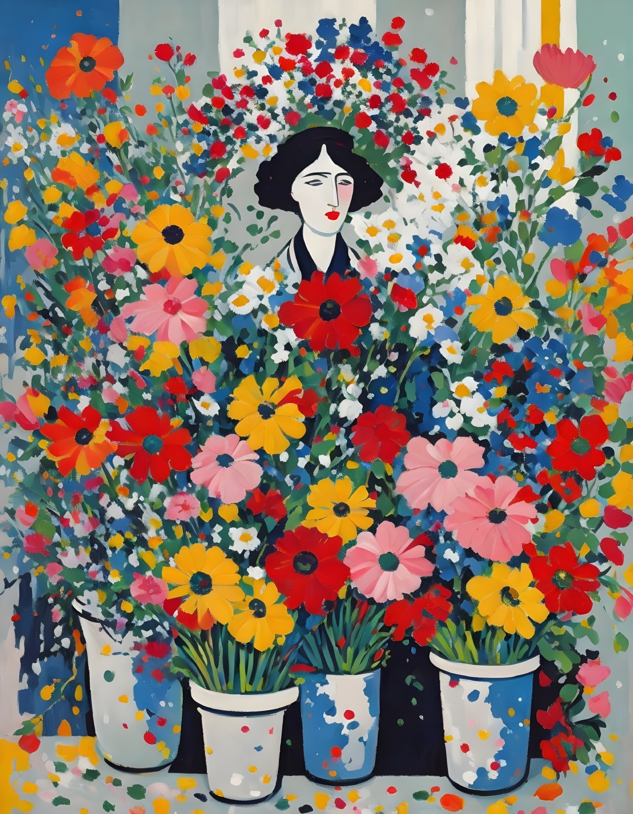 Vibrant painting of a woman's face with colorful flowers in vases
