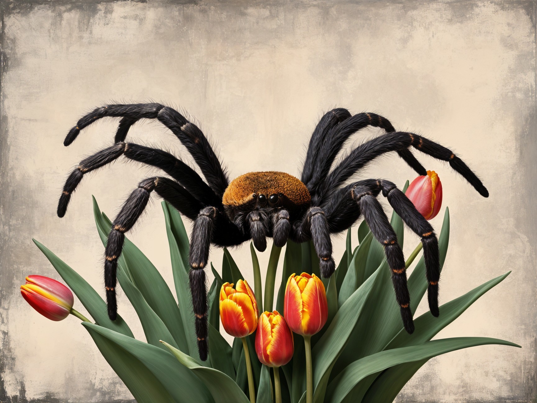 Realistic Spider on Colorful Tulips in Nature Scene