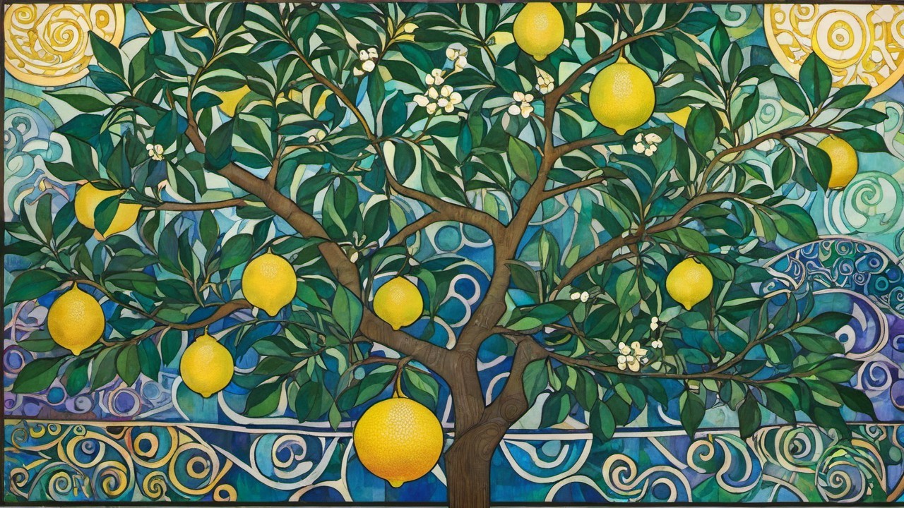 Vibrant Artwork of a Lush Lemon Tree and Flowers