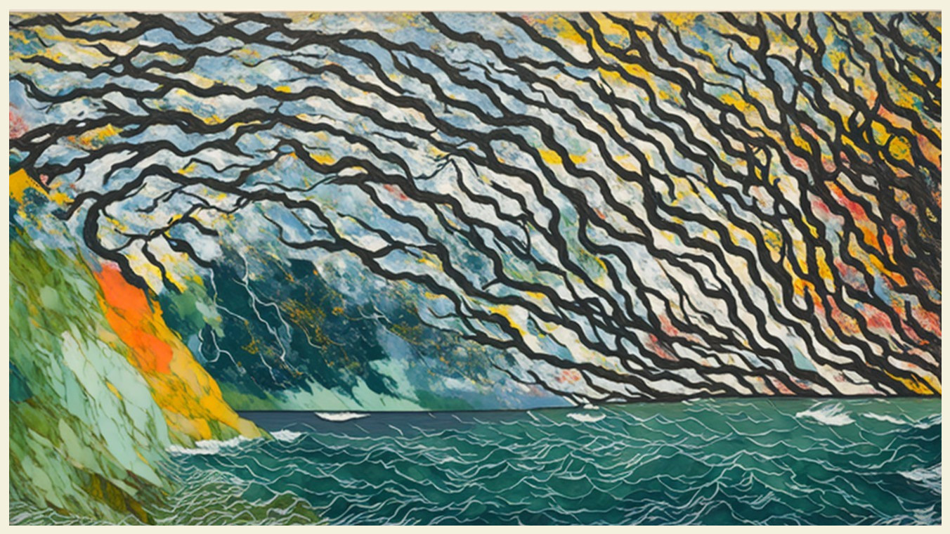 Vibrant Landscape with Abstract Sky and Ocean Waves