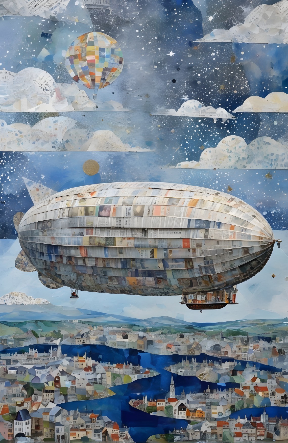 Fantastical cityscape artwork with zeppelin and hot air balloon