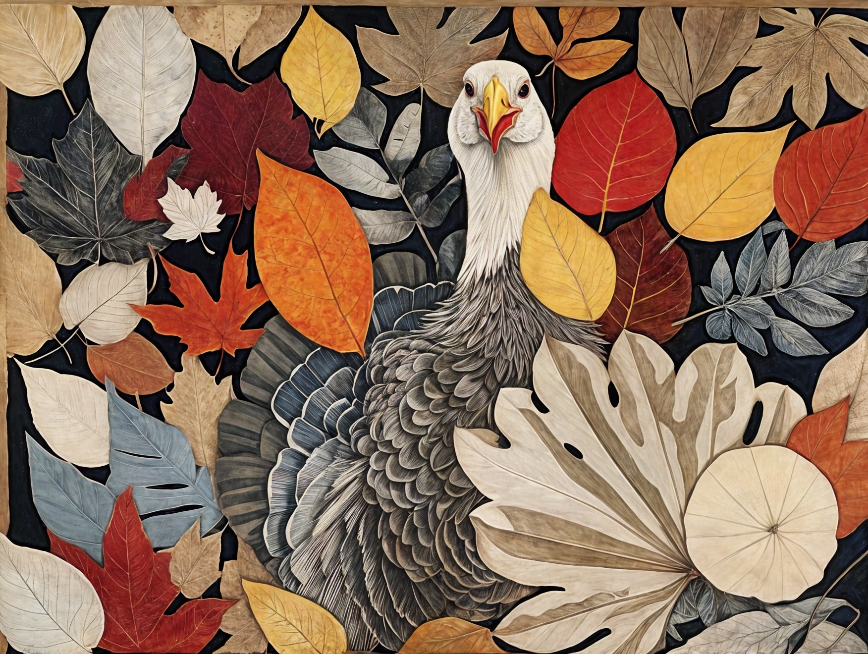 Detailed Turkey Surrounded by Vibrant Autumn Leaves