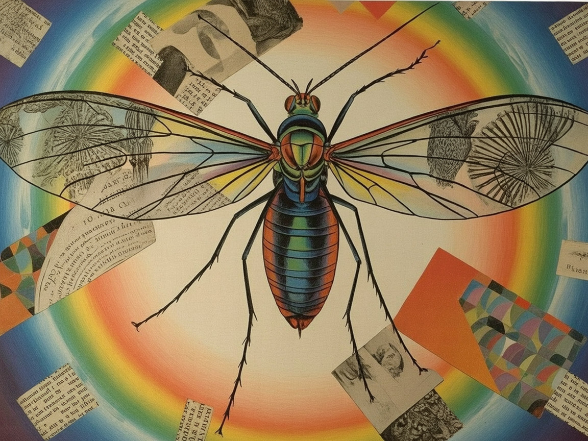 Vibrant Insect Artwork with Textured Paper Elements