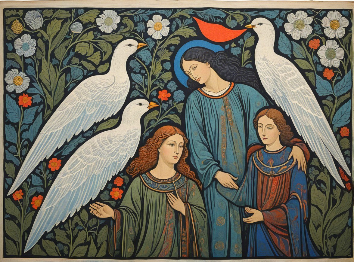 Three Figures in Flowing Garments with Doves and Flowers