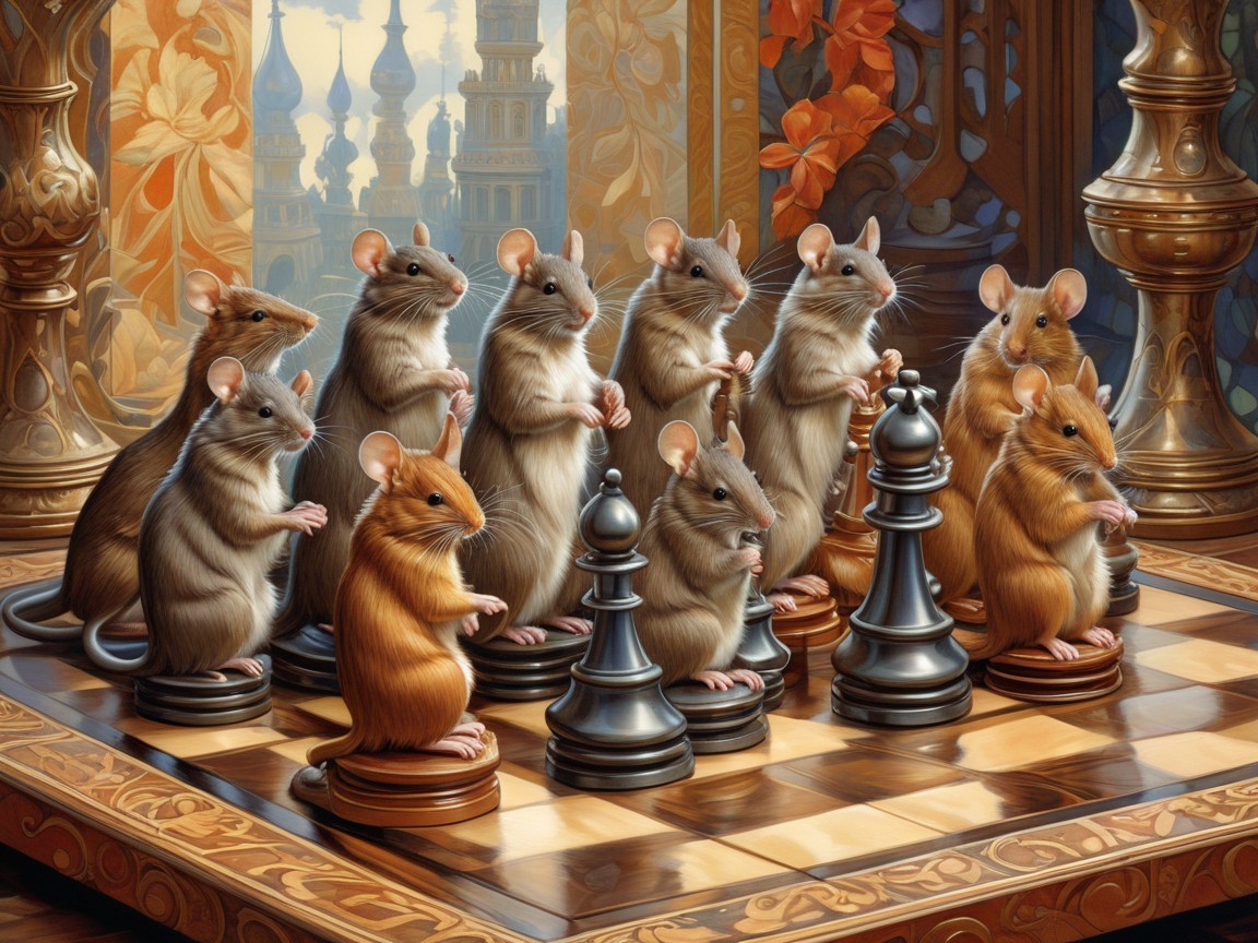 Twelve Mice on a Grand Chessboard in Whimsical Scene