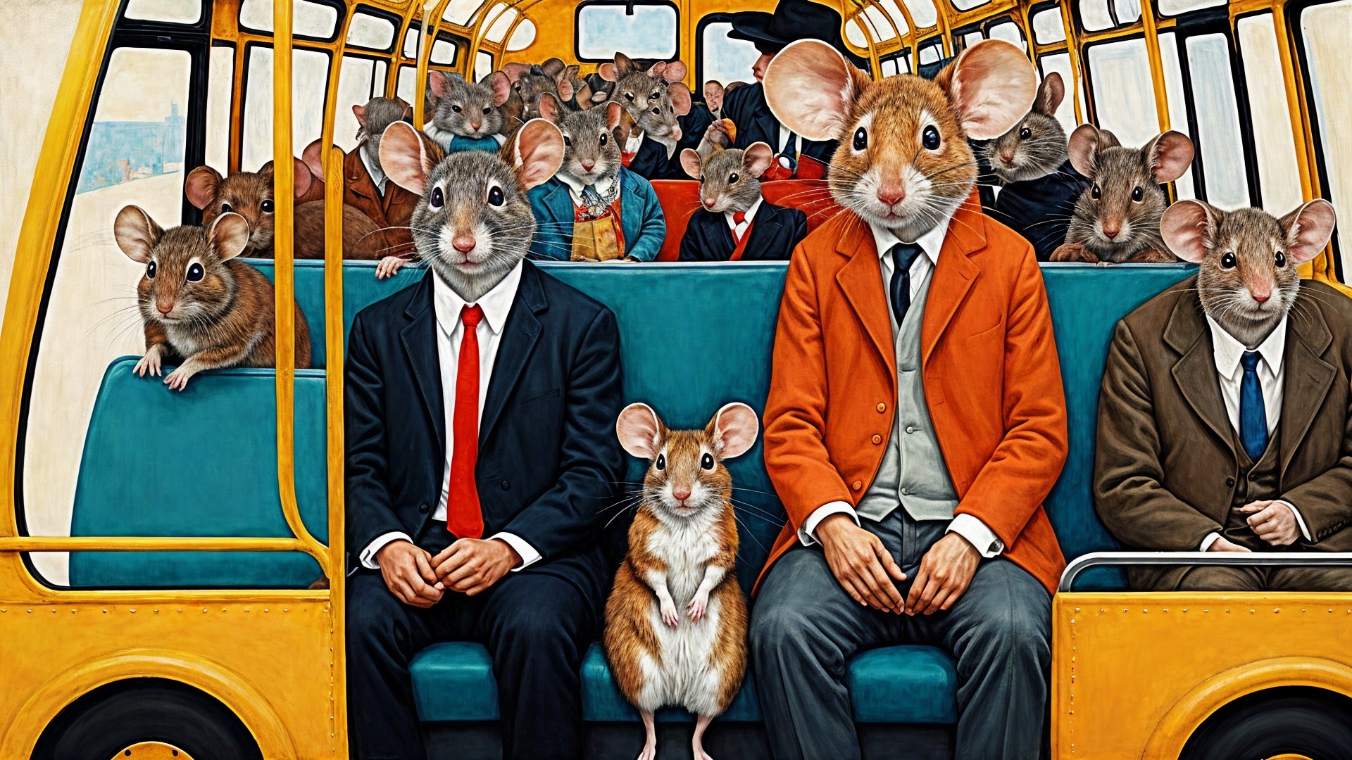 Anthropomorphic mice in suits on a colorful bus scene