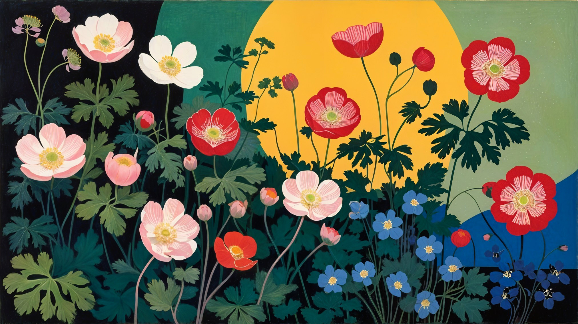Vibrant Botanical Scene with Colorful Flowers and Leaves