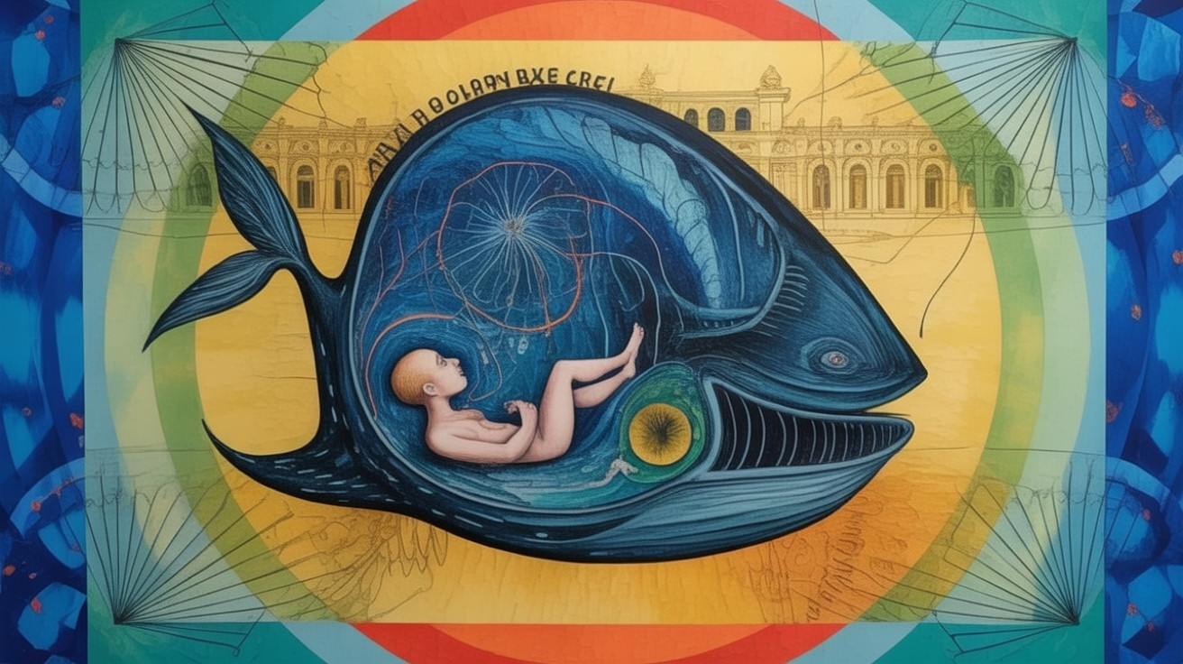 Blue whale artwork with serene baby and vibrant colors