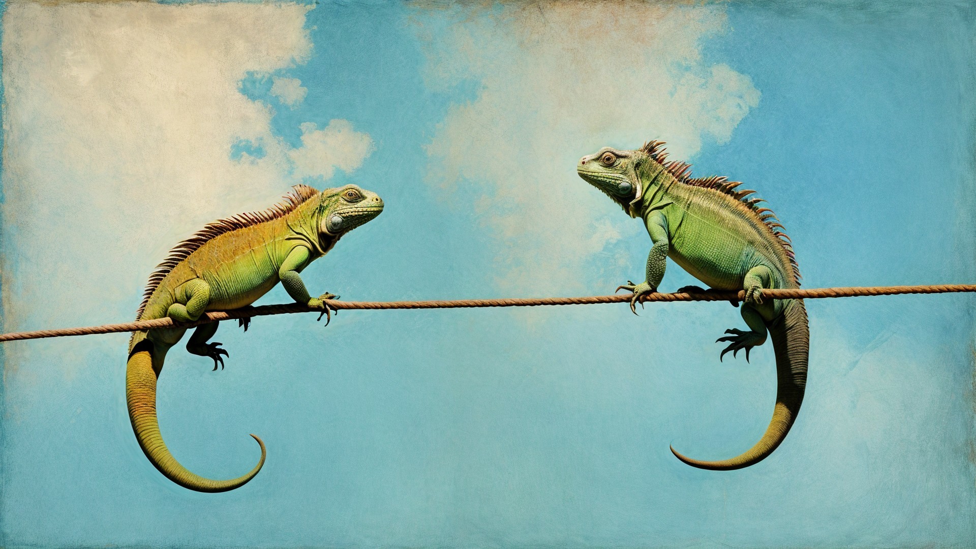 Iguanas on Rope Under Blue Sky with Fluffy Clouds