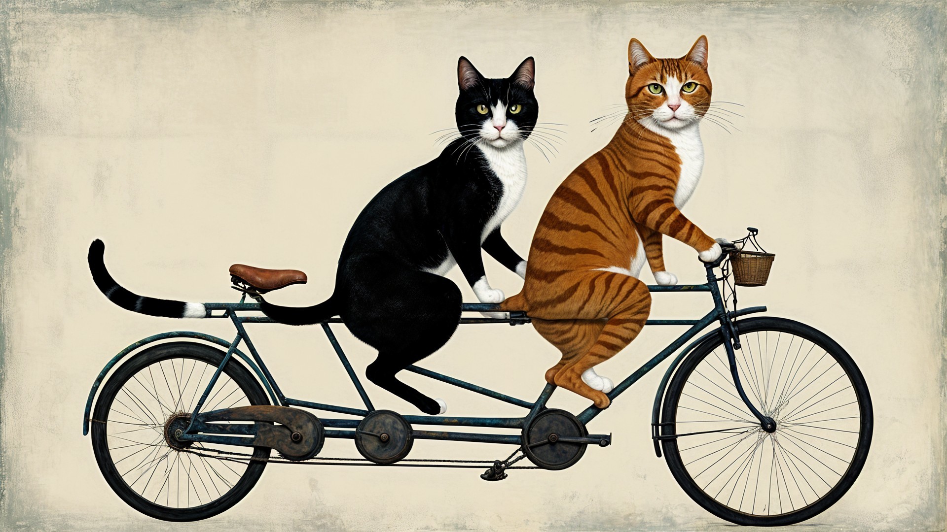 Cats on a Vintage Tandem Bicycle Scene