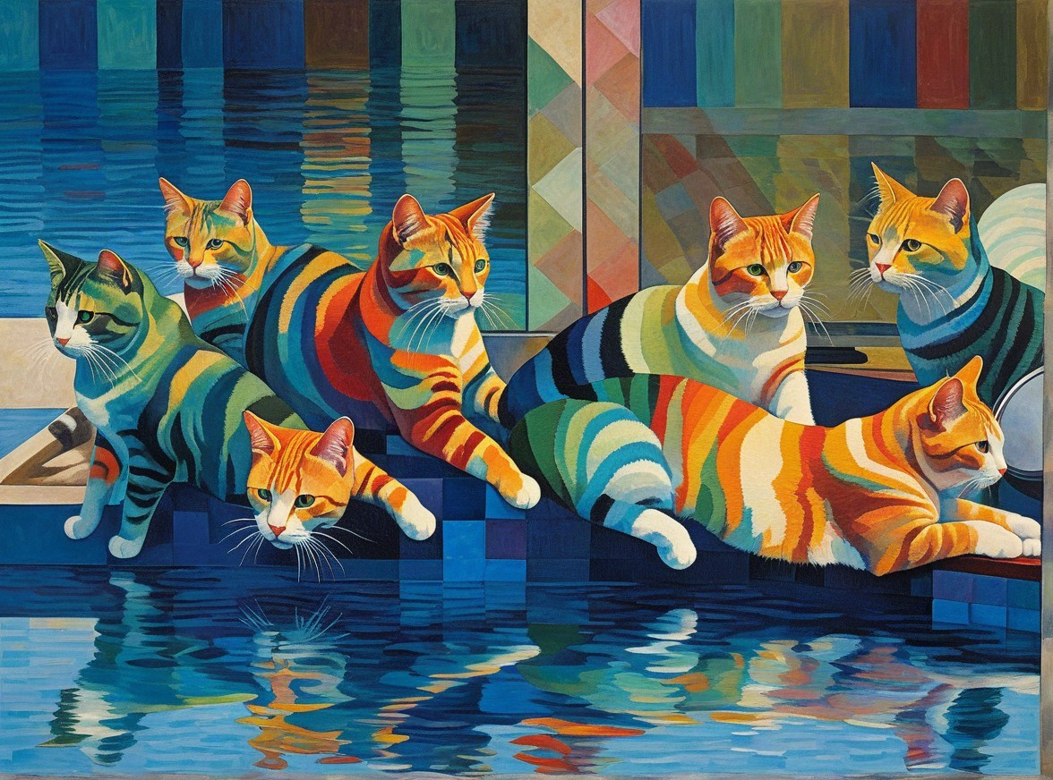 Colorful Cats Relaxing by a Pool in Vibrant Artwork