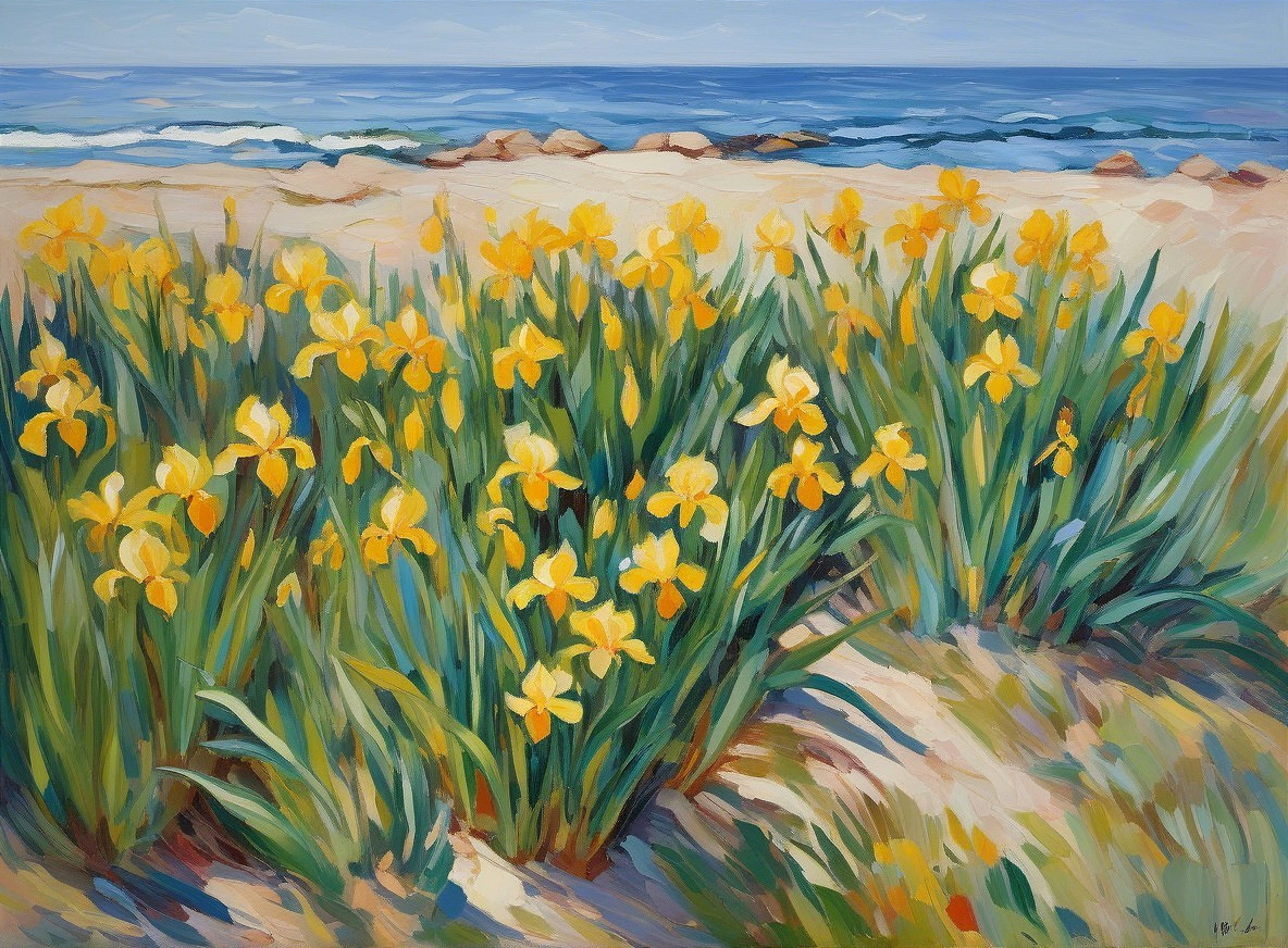 Vibrant Yellow Irises by a Serene Coastal Scene
