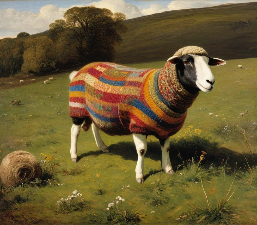 Whimsical sheep in colorful sweater in green field
