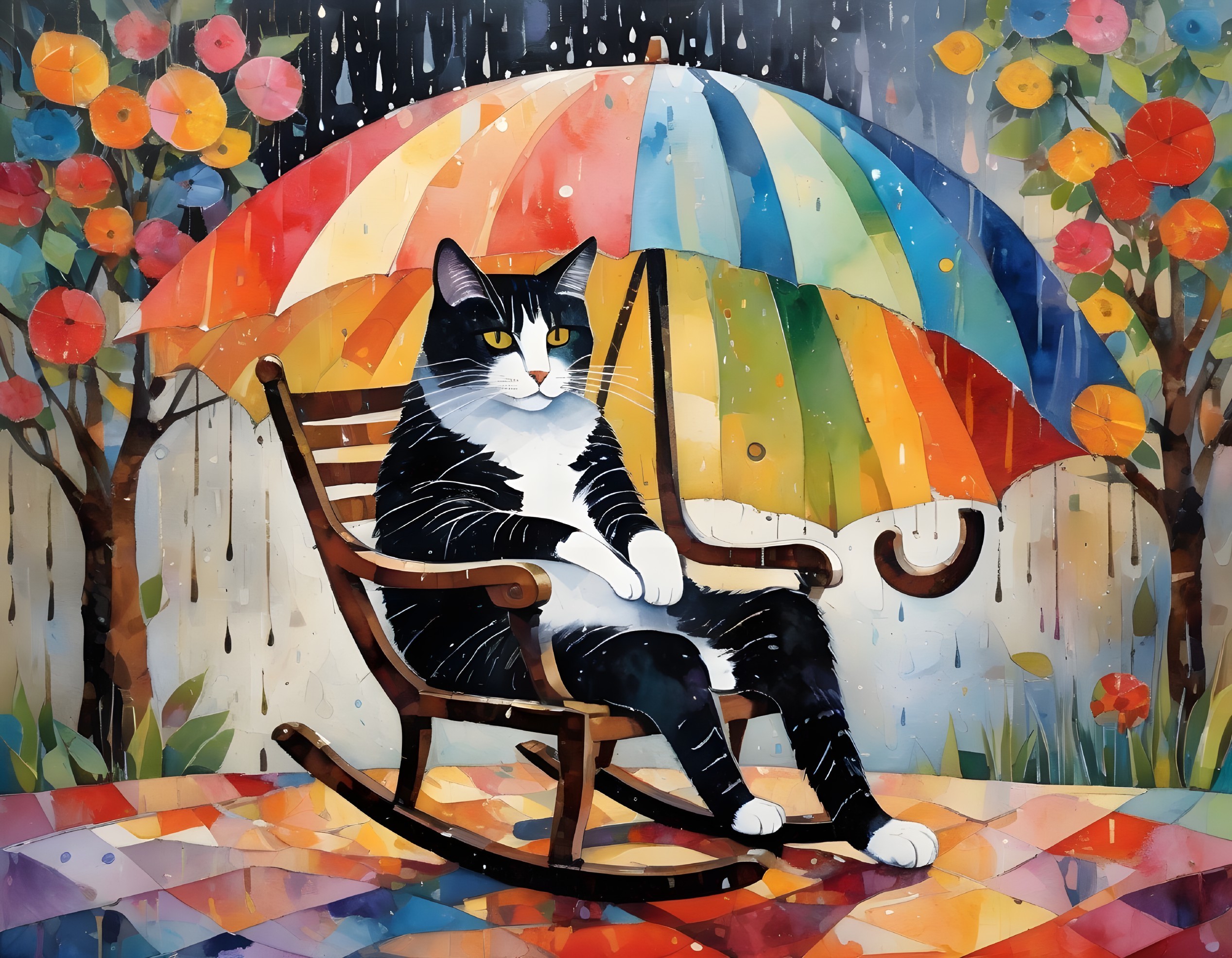 Relaxed cat on rocking chair under colorful umbrella in whimsical rainy scene