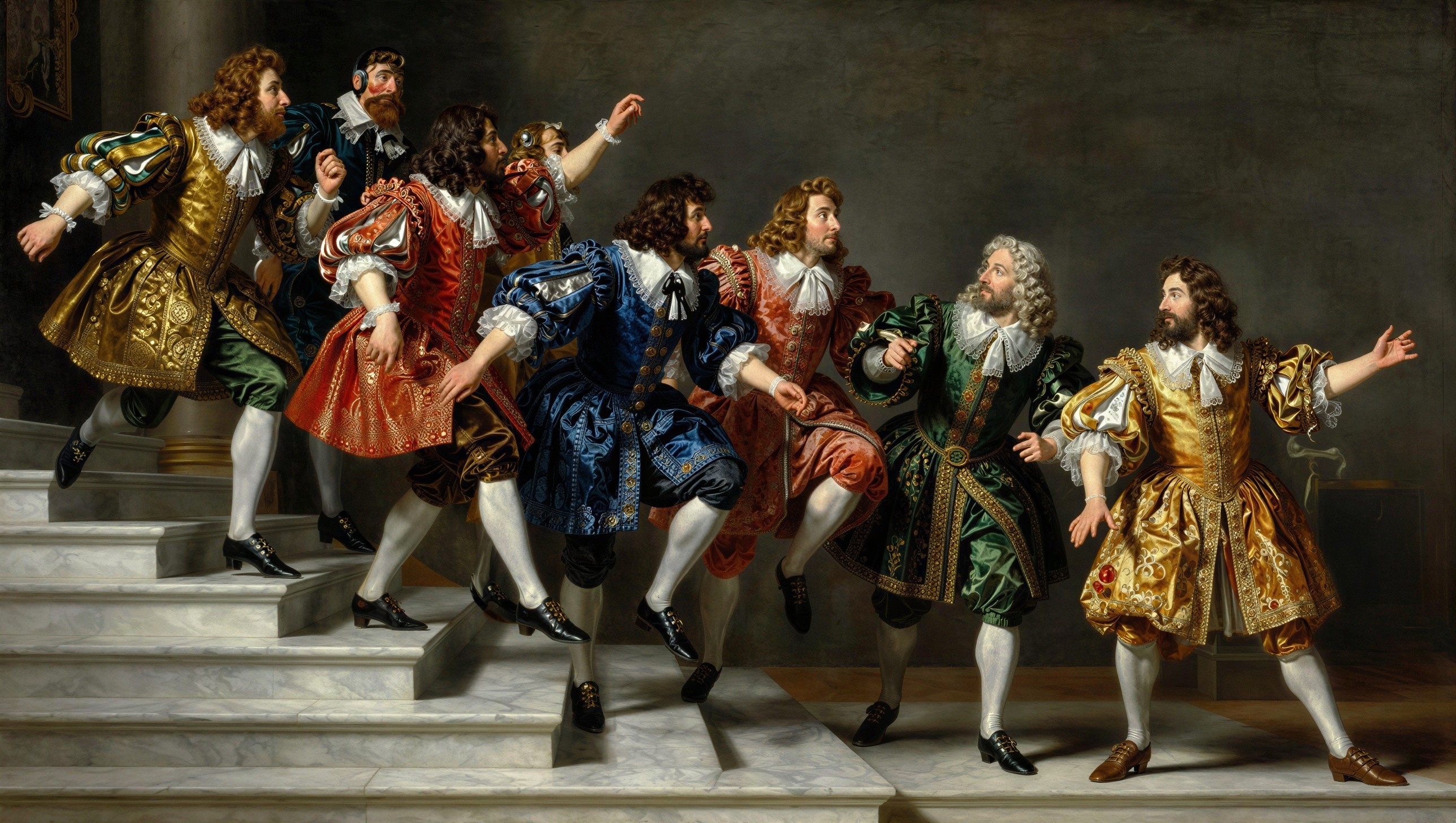 Renaissance Men in Colorful Costumes on Marble Staircase