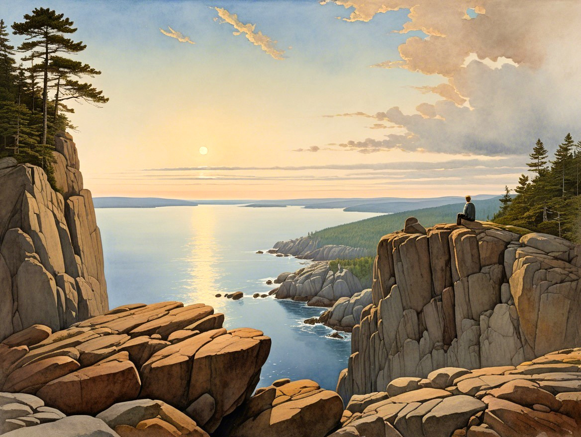 Coastal Sunset Landscape with Cliffs and Pine Trees