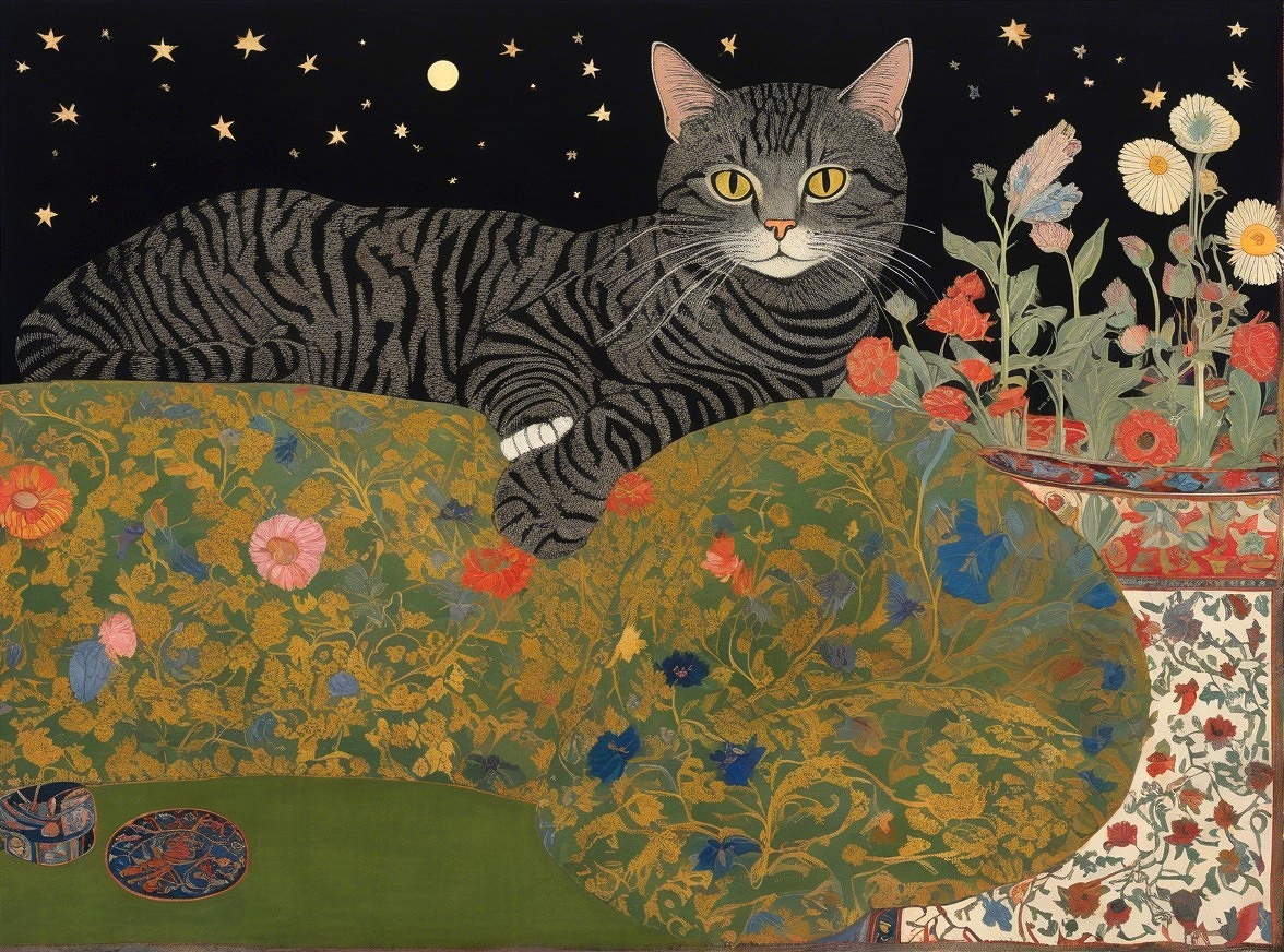 Tabby Cat on Floral Sofa Under Starry Night Sky