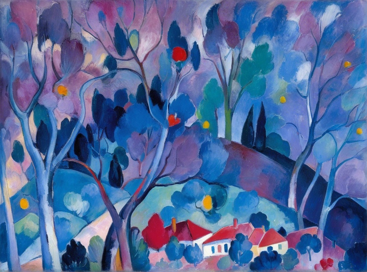 Vibrant Landscape with Whimsical Trees and Houses
