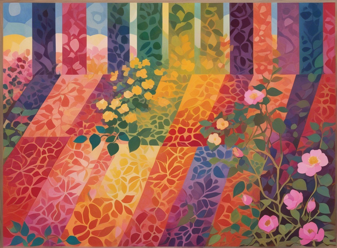 Vibrant Abstract Composition with Colorful Stripes and Flowers