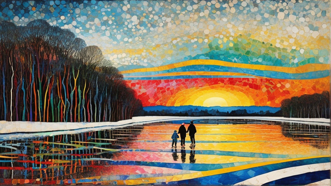 Vibrant Mosaic Landscape at Sunset Over a Lake