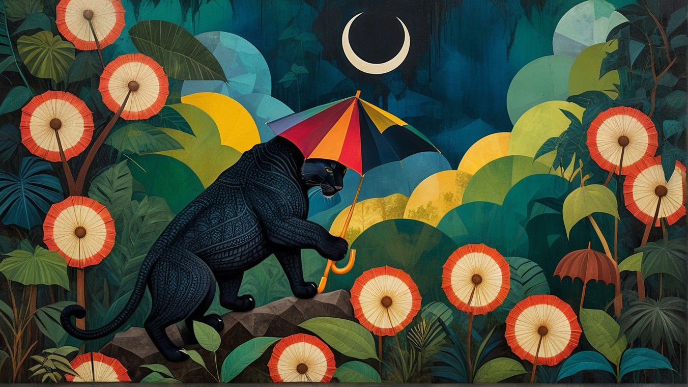 Black Panther with Umbrella in Tropical Night Scene