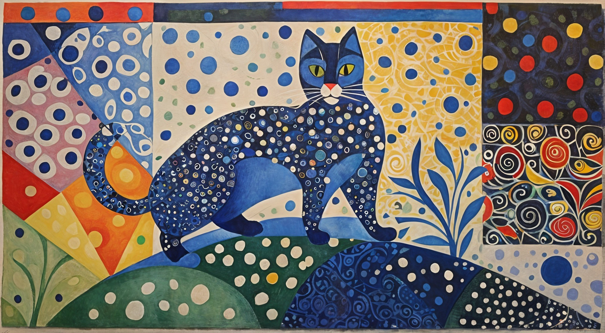 Vibrant Abstract Painting of a Blue Cat with Patterns