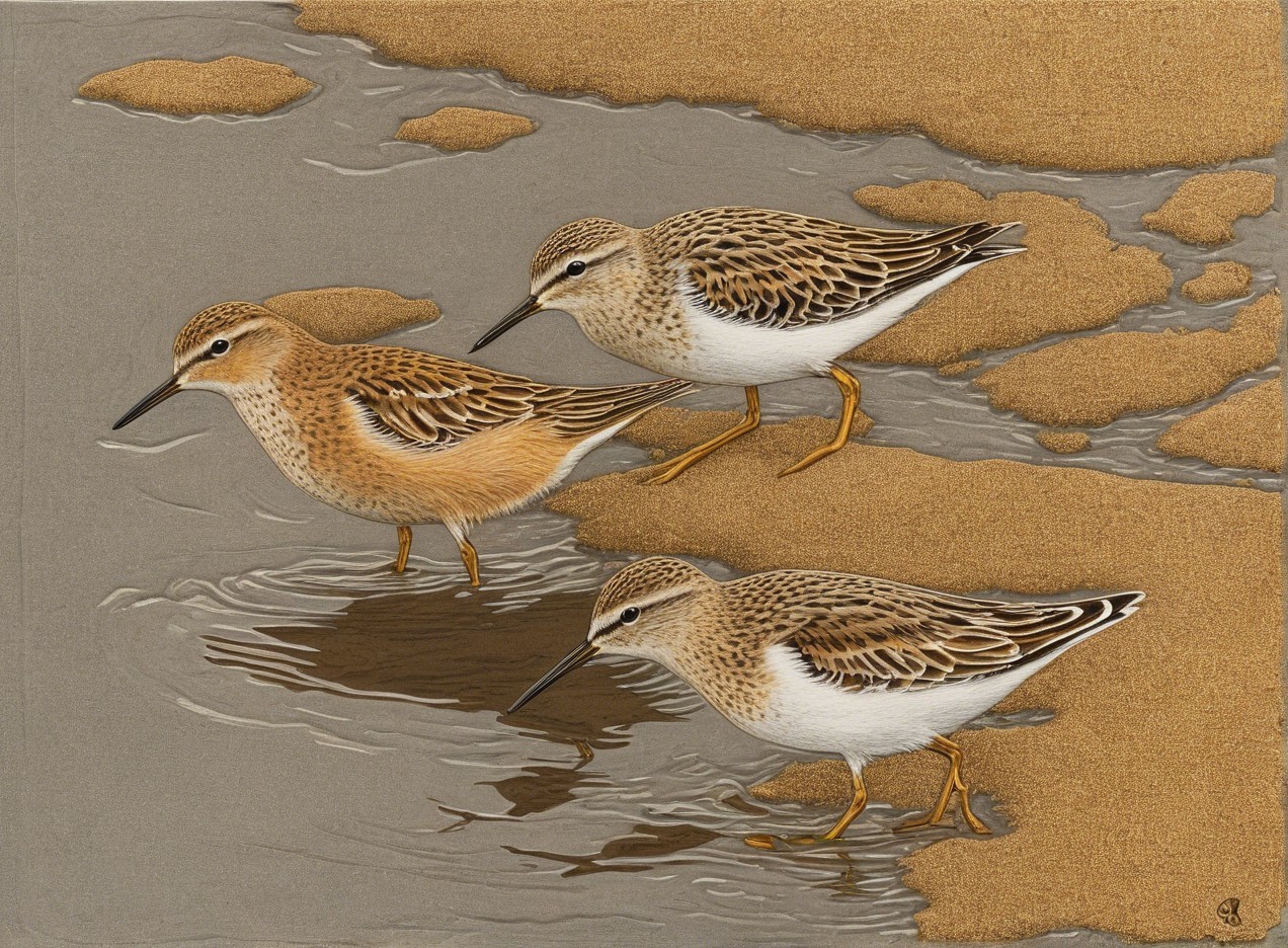 Three Shorebirds on Sandy Coastline by Water's Edge