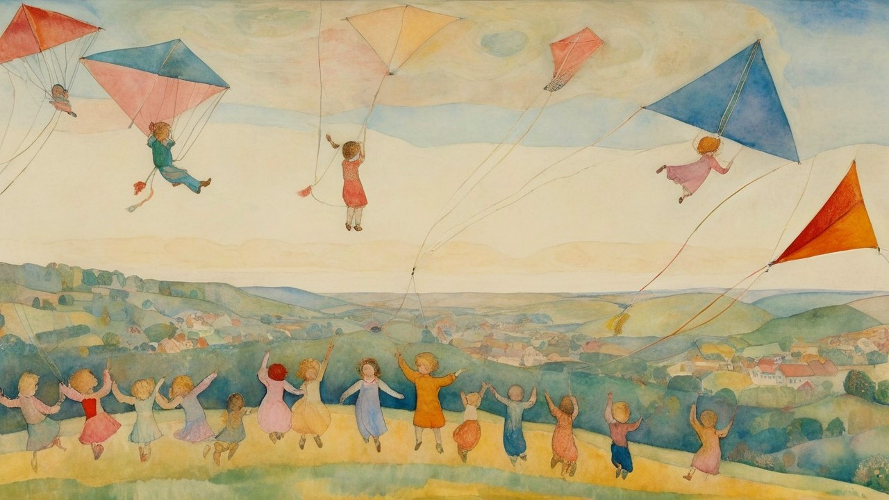 Children Flying Kites on a Grassy Hillside