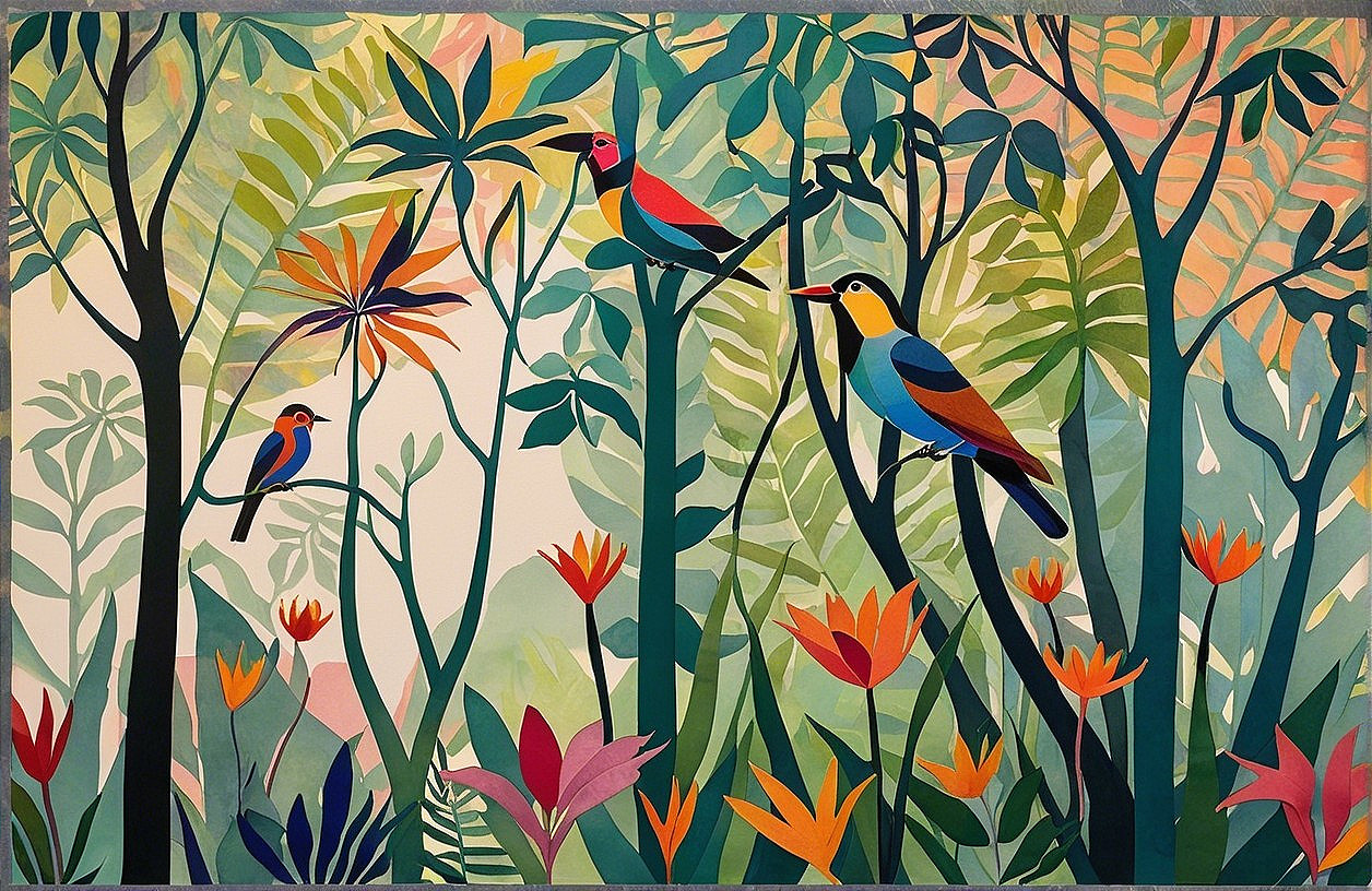 Vibrant Jungle Artwork with Colorful Birds and Foliage