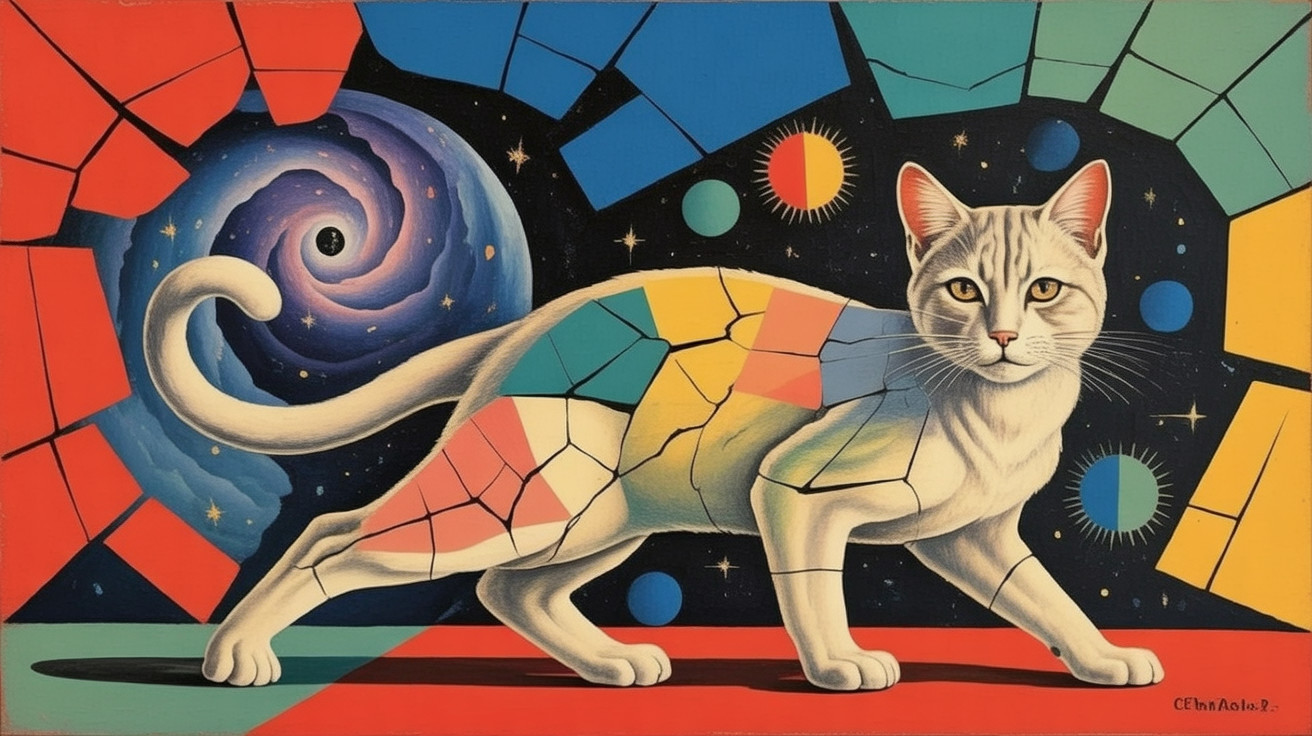 Whimsical Cat Against Cosmic Backdrop with Geometric Shapes