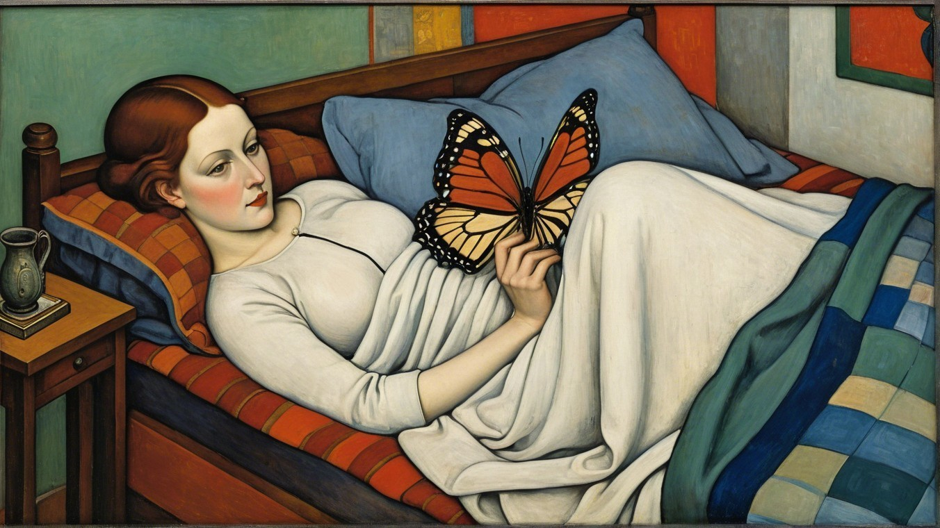 Serene Woman with Butterfly in Calm Bedroom Setting