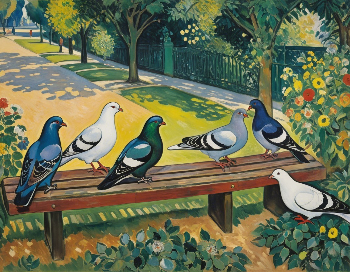 Vibrant Park Scene with Colorful Pigeons and Nature