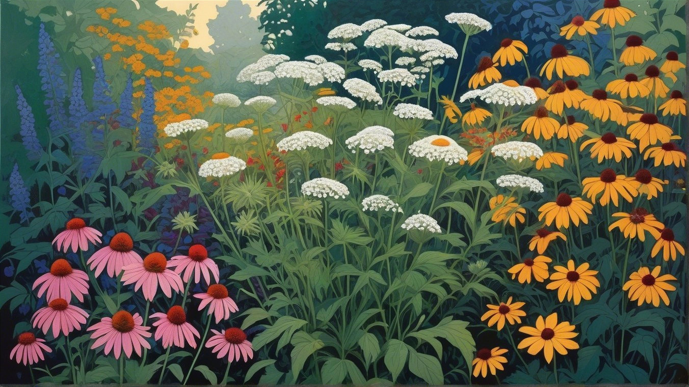 Vibrant Garden Scene with Wildflowers and Greenery