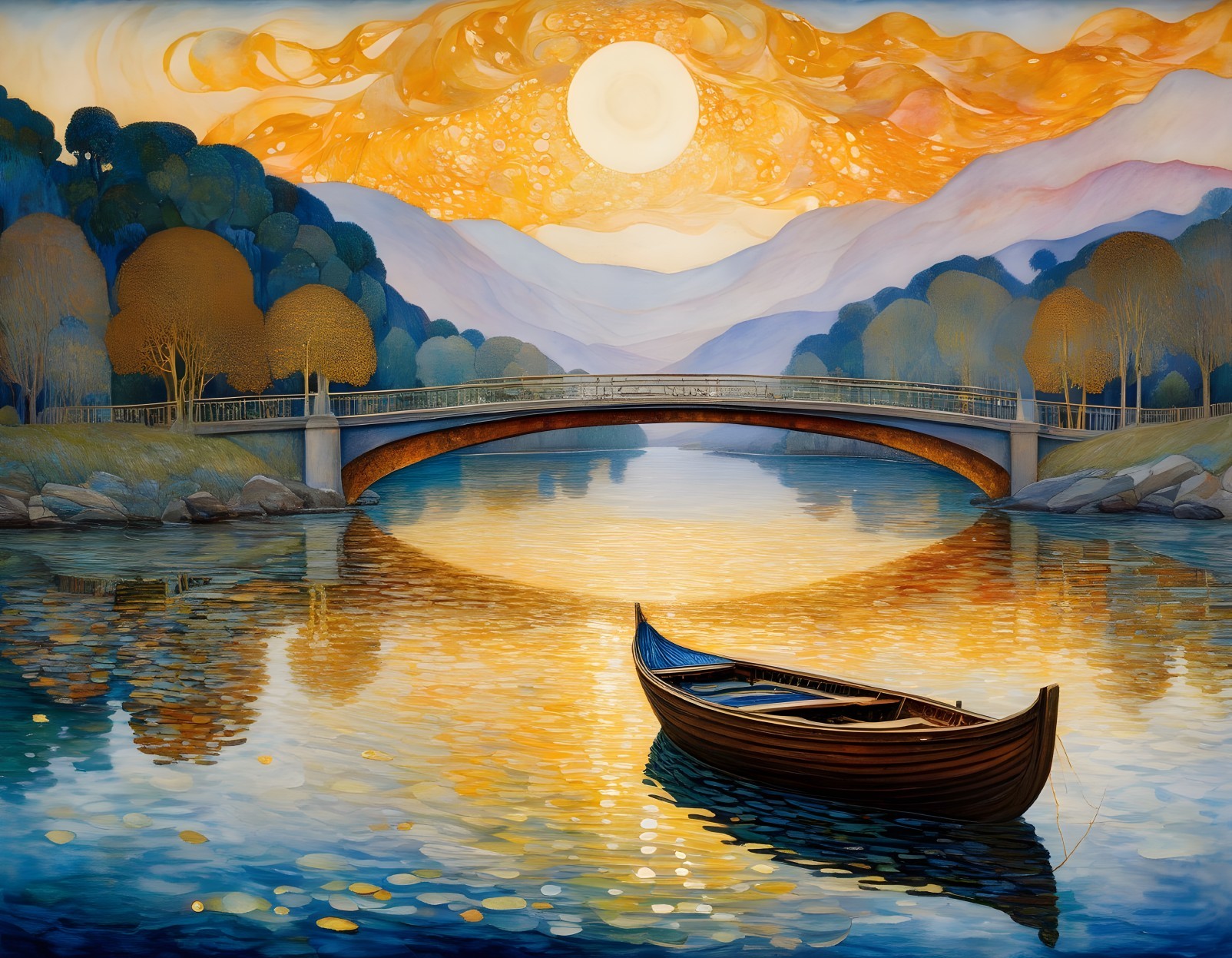 Boat on reflective water under bridge with swirling sky