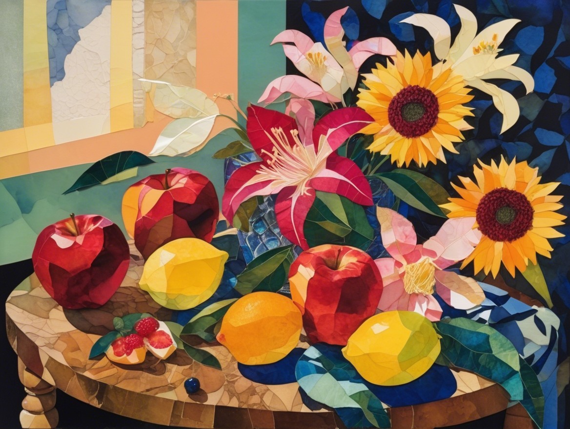 Vibrant Still Life with Colorful Fruits and Flowers