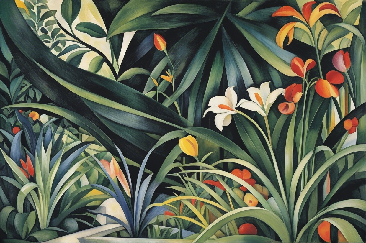 Vibrant Tropical Garden with Colorful Flowers and Foliage