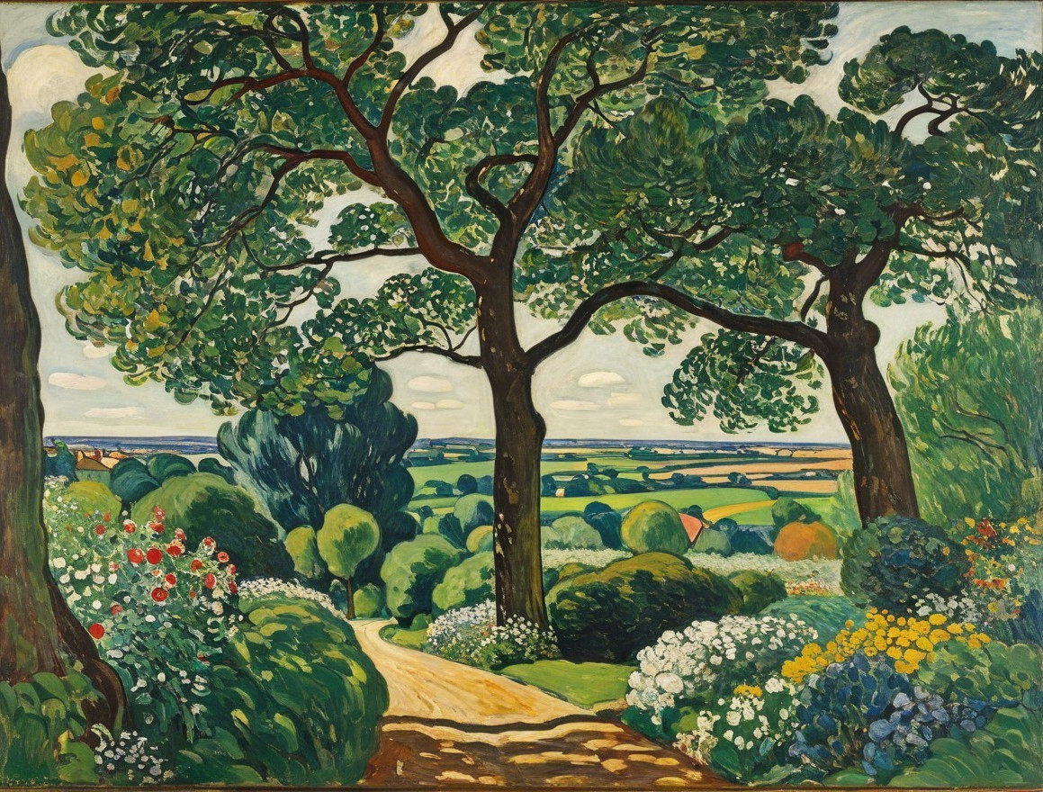 Lush Landscape with Trees and Winding Pathway