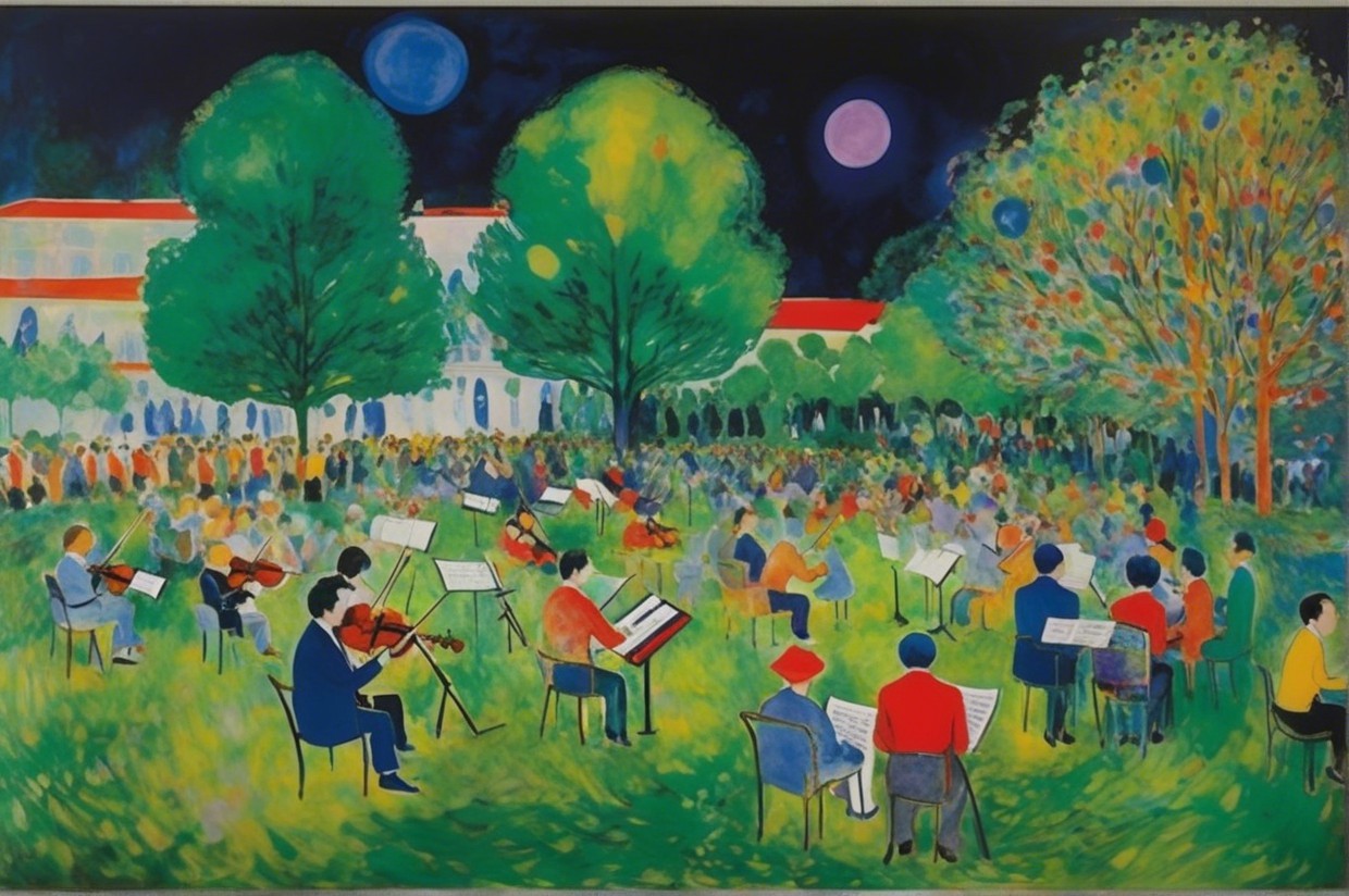 Vibrant Outdoor Concert with Diverse Orchestra Under Stars