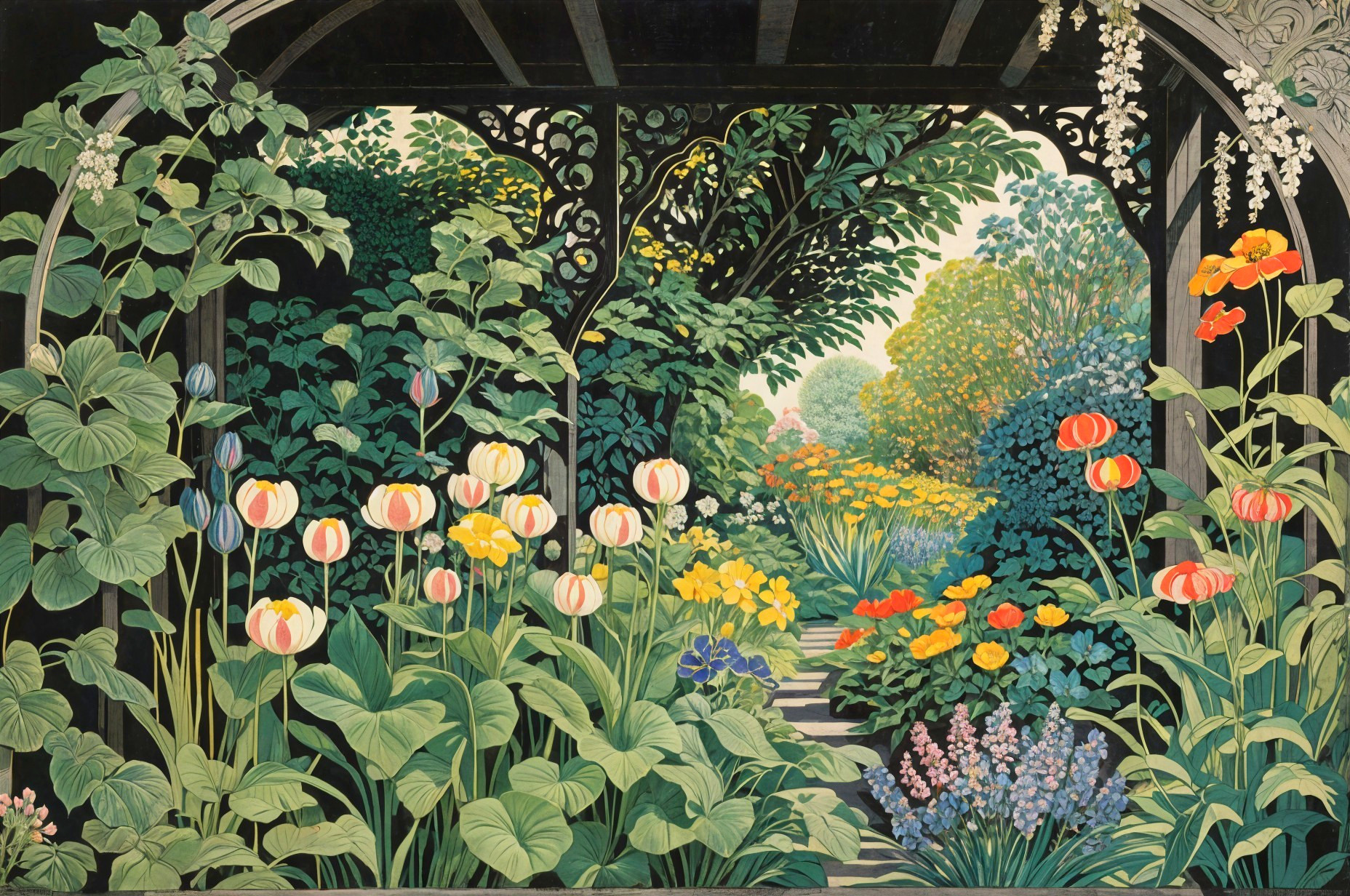 Vibrant Garden Scene with Colorful Flowers and Archway