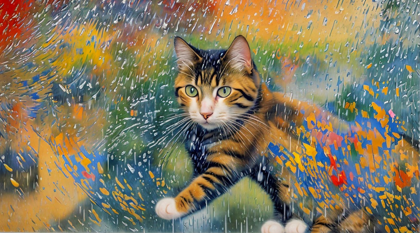 Tabby Cat in Impressionistic Rainy Landscape